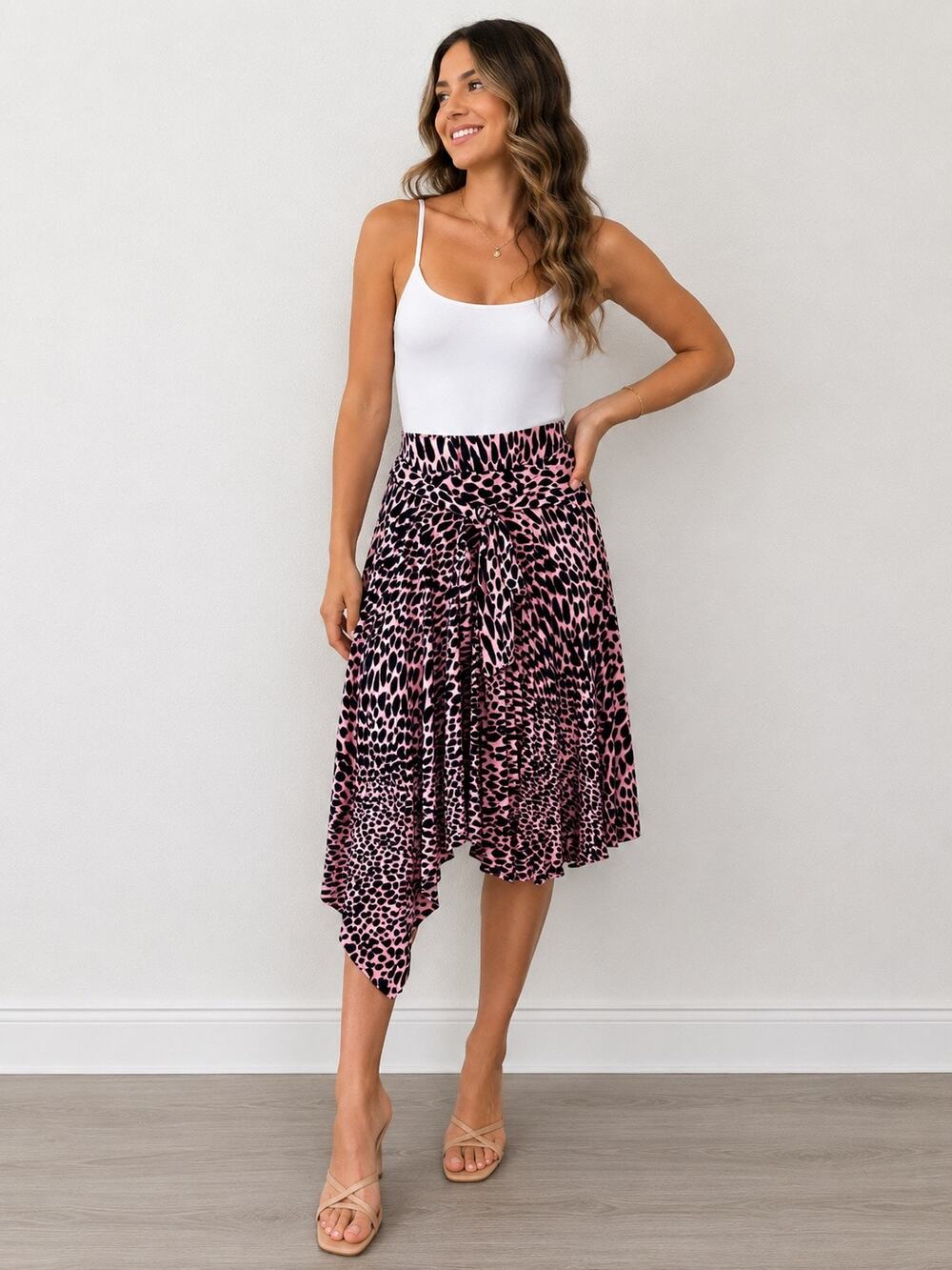 Topshop Petite Pink Leopard Pleated Midi Skirt 0P